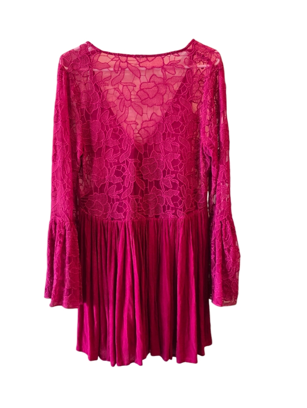💜 FREE PEOPLE Romantic Long sleeve Lace Dress Raspberry Large Sheer Bell Sleeve - Picture 2 of 4